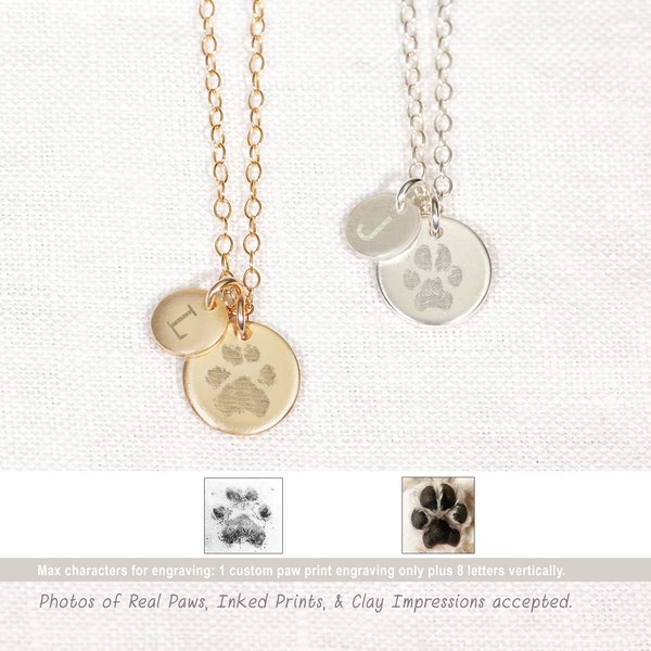 Paw Print with Initial Necklace • Actual Dog Cat Paw Prints • Custom Pet Paw & Nose print Necklace • Initial Disc Necklace • Memorial Loss