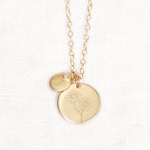 Collar de flores de nacimiento con disco inicial • Flor de nacimiento personalizada • Joyería de flores