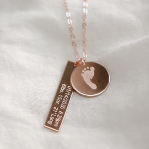 Custom Birth Stats Bar Necklace: Engraved Baby Handprints, Footprints, Birthdate image 2