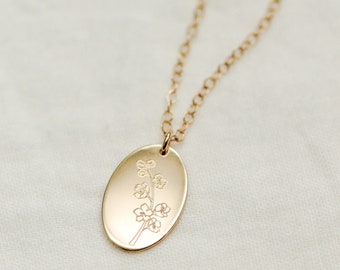 Personalized Birth Flower Necklace: Oval Birth Month Pendant