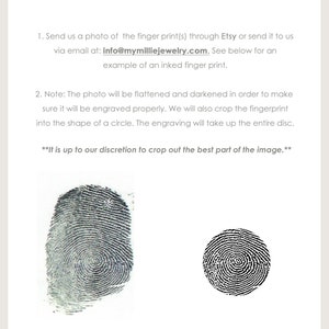 May include: A comparison of two images showing how a fingerprint is cropped and edited for engraving. The first image shows a fingerprint as it is submitted, and the second image shows the fingerprint after it has been cropped into a circle. The text "It is up to our discretion to crop out the best part of the image." is included in the image.