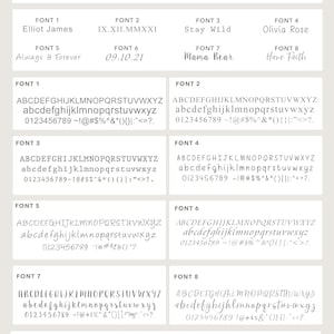 May include: A chart with eight different font styles, each with a name and a sample of the font. The font styles are Elliot James, IX.XII.MMXXI, Stay Wild, Olivia Rose, Always & Forever, 09.10.21, Mama Bear, and Have Faith. The chart also includes a section with symbols, including a heart, infinity symbol, heartbeat, stethoscope, medical symbol, star, moon, namaste symbol, paw print, angel wings, cross, and zodiac symbol.