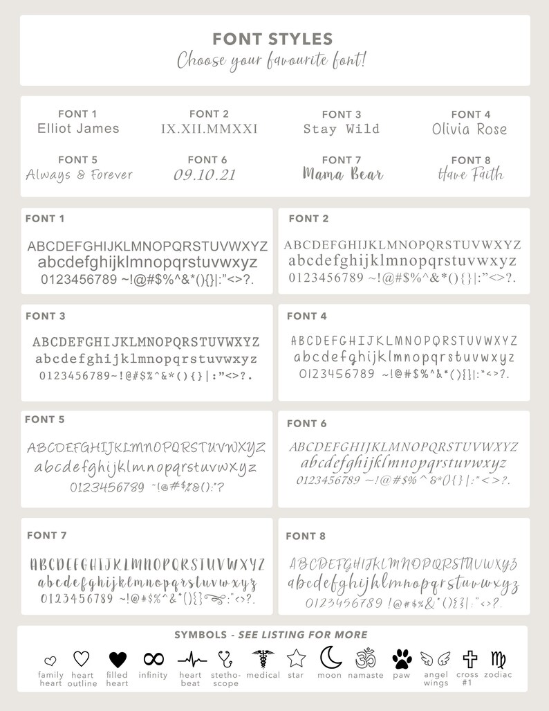 May include: A chart with eight different font styles, each with a name and a sample of the font. The font styles are Elliot James, IX.XII.MMXXI, Stay Wild, Olivia Rose, Always & Forever, 09.10.21, Mama Bear, and Have Faith. The chart also includes a section with symbols, including a heart, infinity symbol, heartbeat, stethoscope, medical symbol, star, moon, namaste symbol, paw print, angel wings, cross, and zodiac symbol.