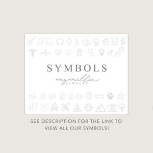 Puede incluir: Un fondo blanco con un gr&aacute;fico gris de varios s&iacute;mbolos. El texto "SYMBOLS" est&aacute; en negro. El texto "mymillie JEWELRY" est&aacute; en cursiva gris. El texto "SEE DESCRIPTION FOR THE LINK TO VIEW ALL OUR SYMBOLS!" est&aacute; en negro.