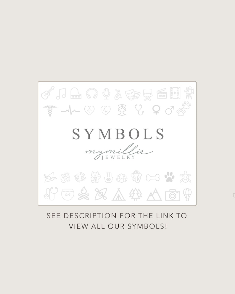 Puede incluir: Un fondo blanco con un gr&aacute;fico gris de varios s&iacute;mbolos. El texto "SYMBOLS" est&aacute; en negro. El texto "mymillie JEWELRY" est&aacute; en cursiva gris. El texto "SEE DESCRIPTION FOR THE LINK TO VIEW ALL OUR SYMBOLS!" est&aacute; en negro.