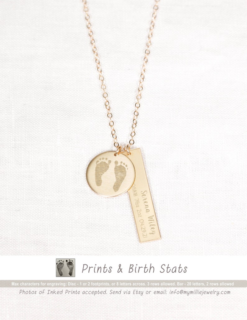May include: Gold necklace with a round pendant featuring two tiny footprints and a rectangular bar pendant with the text "Serena Wiley 8AM 7lbs 2oz 04.29.21".
