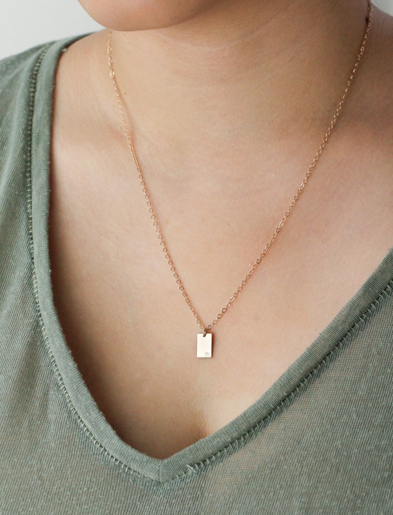 Tag Necklace 6x9mm \u2022 Tiny Initial Necklace \u2022 Engraved Initials Tag \u2022 Simple Necklace \u2022 Dainty Jewelry \u2022 Bridesmaid Gift \u2022 Multi Tag Gifts
