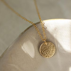 Pode incluir: Um colar dourado com um pendente circular texturizado. O pendente pende de uma corrente delicada. O colar &eacute; exibido sobre um fundo neutro, destacando o seu design e cor.