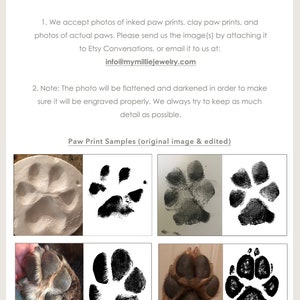 May include: Six images showing paw print samples for custom jewelry engraving. The first row shows a clay paw print, a black and white inked paw print, and a black inked paw print. The second row shows a close-up of a dog's paw, a black and white inked paw print, a close-up of a dog's paw, and a black inked paw print.