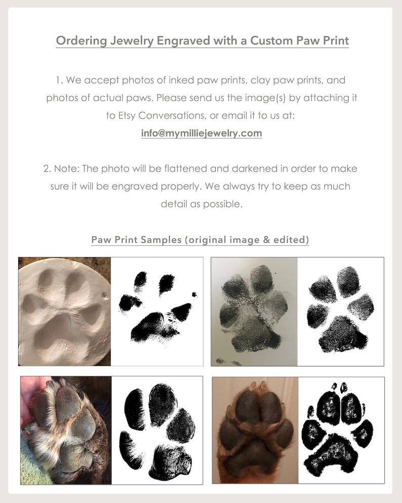 May include: Six images showing paw print samples for custom jewelry engraving. The first row shows a clay paw print, a black and white inked paw print, and a black inked paw print. The second row shows a close-up of a dog's paw, a black and white inked paw print, a close-up of a dog's paw, and a black inked paw print.