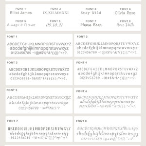 May include: A chart displaying eight different font styles, each with a name and a sample of the font. The font styles are Elliot James, IX.XII.MMXXI, Stay Wild, Olivia Rose, Always & Forever, 09.10.21, Mama Bear, and Have Faith. Below the chart is a row of symbols, including a heart, infinity symbol, heartbeat, stethoscope, medical symbol, star, moon, om symbol, paw print, angel wings, cross, and zodiac symbol.