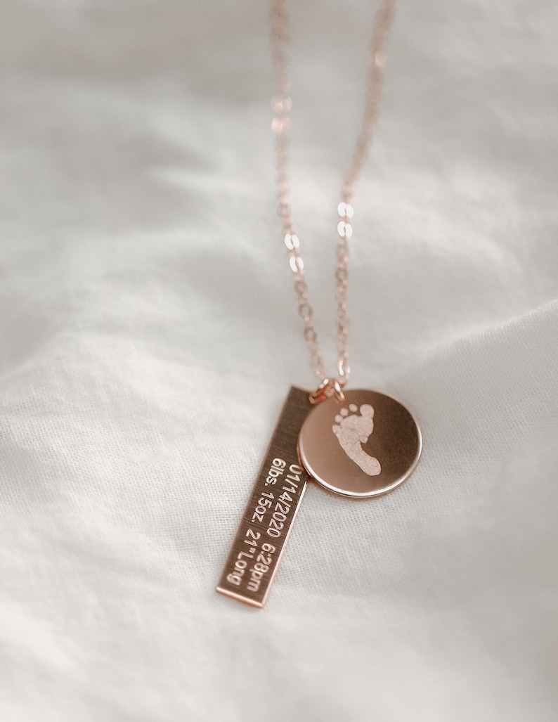 Custom Birth Stats Bar Necklace: Engraved Baby Handprints, Footprints, Birthdate image 2