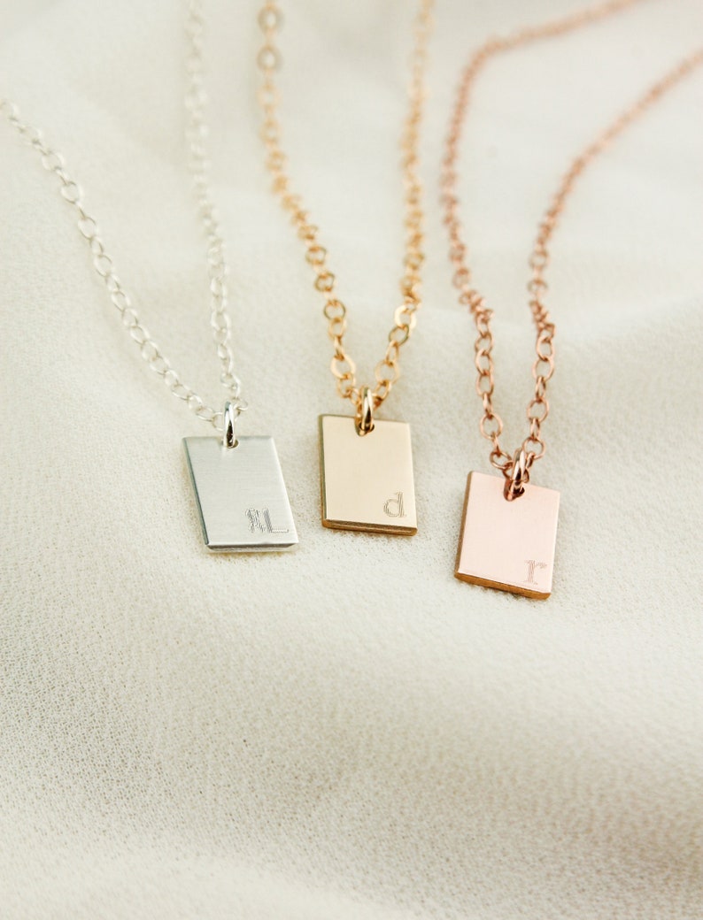 Tag Necklace 6x9mm \u2022 Tiny Initial Necklace \u2022 Engraved Initials Tag \u2022 Simple Necklace \u2022 Dainty Jewelry \u2022 Bridesmaid Gift \u2022 Multi Tag Gifts