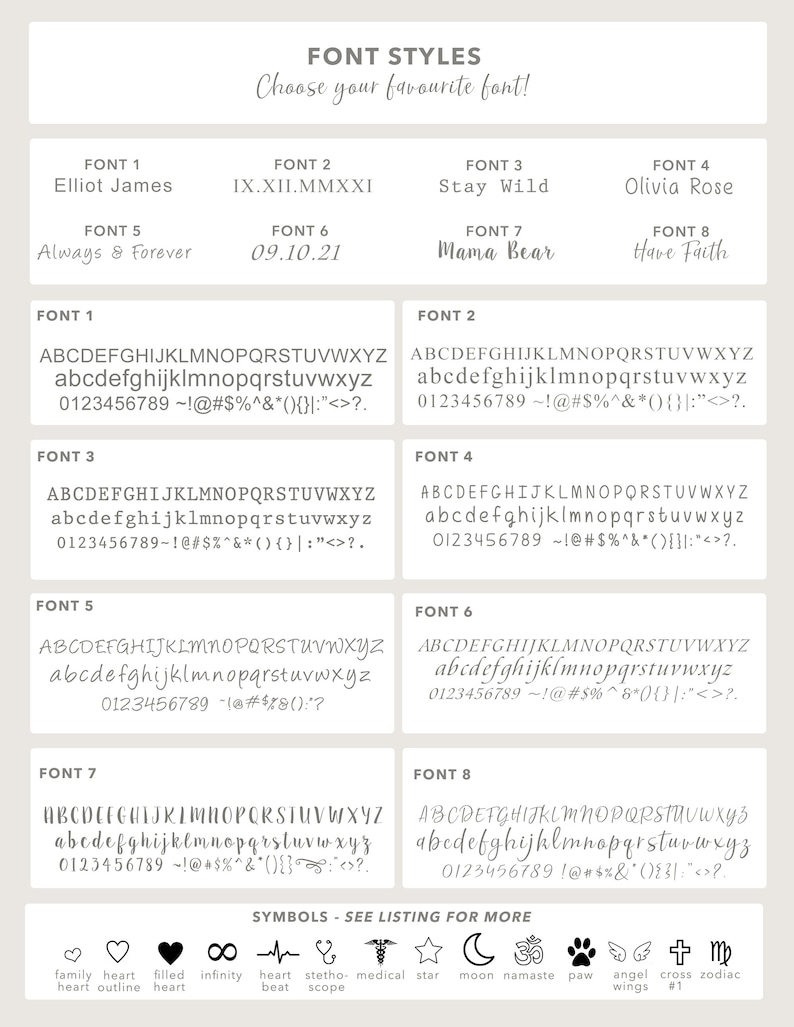 May include: A chart with eight different font styles, each with a name and a sample of the font. The font styles are Elliot James, IX.XII.MMXXI, Stay Wild, Olivia Rose, Always & Forever, 09.10.21, Mama Bear, and Have Faith. The chart also includes a section with symbols, including a heart, infinity symbol, heartbeat, stethoscope, medical symbol, star, moon, namaste symbol, paw print, angel wings, cross, and zodiac symbol.