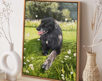 May include: A framed painting of a black dog lying in a field of green grass and white flowers. The dog has a pink tongue and a small tag on its collar. Butterflies are scattered throughout the scene. The frame is made of wood.