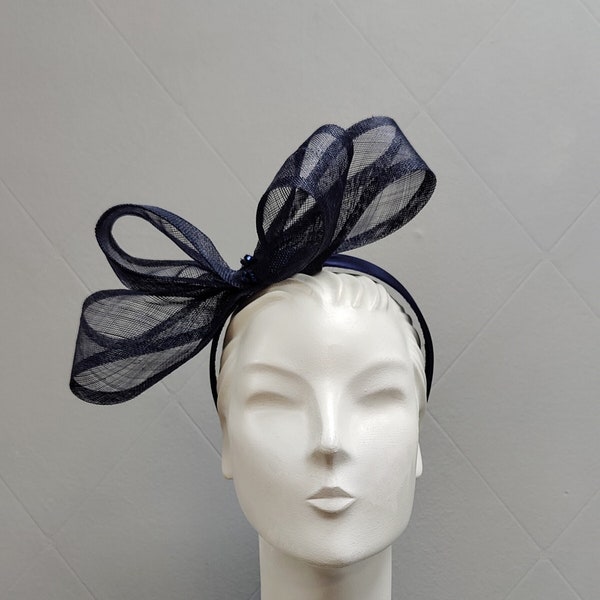 Navy Blue Fascinator Headband with Bows Headpiece for wedding guest fascinator for Royal Ascot fascinator sinamay