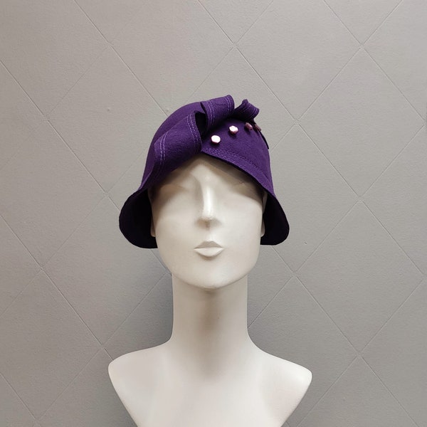 Handmade Purple Felt Cloche Hat 1920's Style Hat Handmade Millinery Flapper Hat Great Gatsby Hat for Prohibition Party Hat Smart Autumn Hat