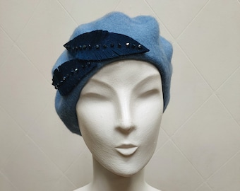 Light Blue Wool Felt Leaf Decoration Beret, Beret Fascinator, Autumn Winter Hat, Unique Beret