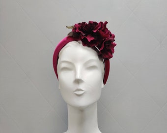 Pink Velvet Padded Headband Fascinator with Burgundy Flowers hats for wedding fascinator special occasion wear headpiece wedding headband