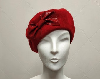 Red Wool Felt Beret with Leather Bow French Style Hat Berets for Women Beret Fascinator Winter Hat Unique Beret Autumn Hat formal hat winter