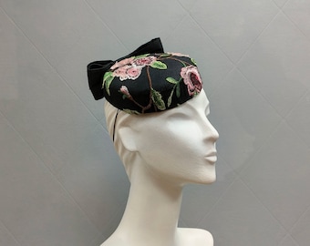 Black Pillbox hat with Pink Flowers 1950's Vintage Style Hat Handmade Millinery Hat for Wedding Fascinator hats for women Hat Royal Ascot