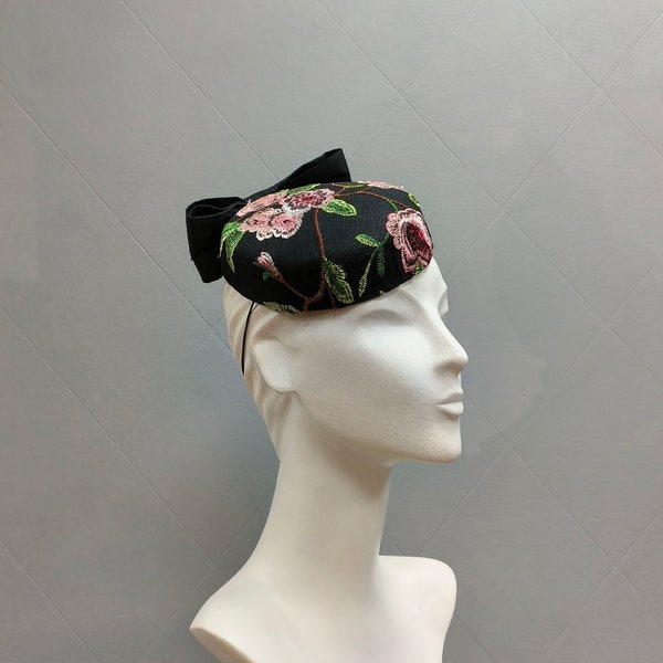 Black Pillbox hat with Pink Flowers 1950's Vintage Style Hat Handmade Millinery Hat for Wedding Fascinator hats for women Hat Royal Ascot