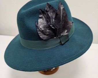 Teal Green Fedora with Navy Blue Leather Leaf decoration designer ladies fedora hat trilby hat for women hat Autumn hat for races hat