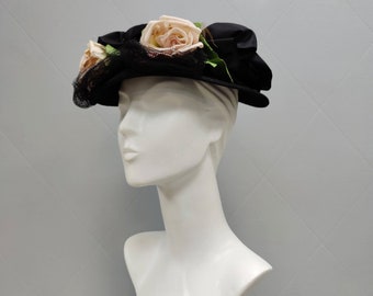 Vintage Black Crownless Summer visor hat Antique hat with flowers sun hat roses Edwardian fashion hat for Goodwood Revival hat true vintage