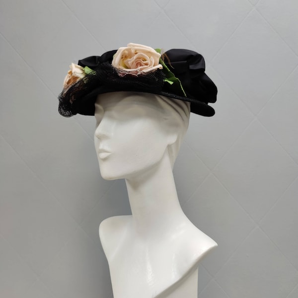 Vintage Black Crownless Summer visor hat Antique hat with flowers sun hat roses Edwardian fashion hat for Goodwood Revival hat true vintage