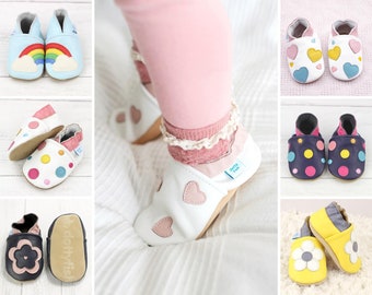 Dotty Fish Soft Leather Baby Shoes. Girls Toddler Shoes. Non-Slip Indoor Slippers. Pram Shoes. 0-6 Months to 4-5 Years. Flowers and Rainbow.