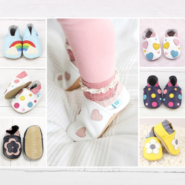 Dotty Fish Soft Leather Baby Shoes. Girls Toddler Shoes. Non-Slip Indoor Slippers. Pram Shoes. 0-6 Months to 4-5 Years. Flowers and Rainbow.