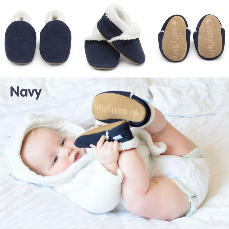 Dotty Fish Soft Suede Baby Slippers. Toddler Slippers. Non-Slip. Indoor Slippers. Pram Shoes. for boys and Girls Navy