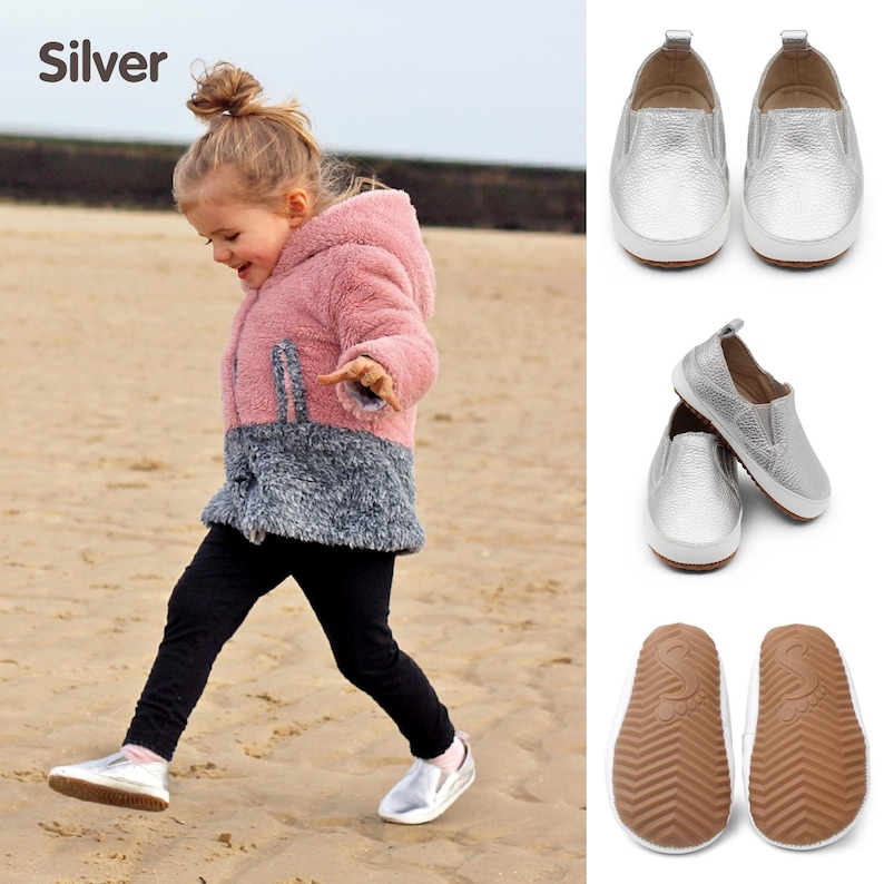 Dotty Fish Leather Infant Casual Shoes. Slip-on Rubber Sole Trainers. Baby Boys Girls First Walkers. Non-slip Toddler Shoes. Silver