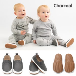 Dotty Fish Leather Infant Casual Shoes. Slip-on Rubber Sole Trainers. Baby Boys Girls First Walkers. Non-slip Toddler Shoes. Charcoal