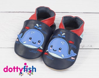 Dotty Fish Soft Leather Baby Shoes. Toddler Shoes. Non-Slip. Indoor Slippers. Pram Shoes. Navy Whale Design for Boys and Girls.