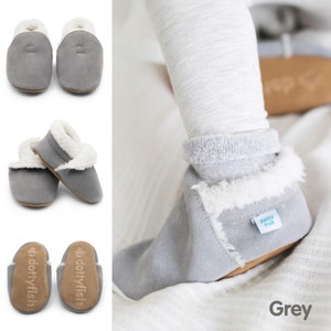 Dotty Fish Soft Suede Baby Slippers. Toddler Slippers. Non-Slip. Indoor Slippers. Pram Shoes. for boys and Girls Grey