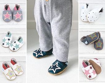 Dotty Fish Soft Leather Baby Shoes. Toddler Shoes. Non-Slip Indoor Slippers. Pram Shoes. 0-6 Months to 4-5 Years. Star designs. Girls Boys.