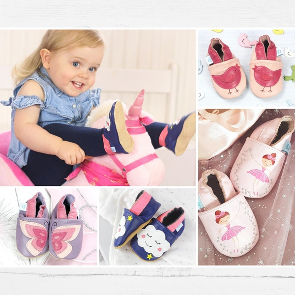 Dotty Fish Soft Leather Baby Shoes. Toddler Shoes. Non-Slip Indoor Slippers. 0-6 Months to 4-5 Years. With Butterflies for Girls