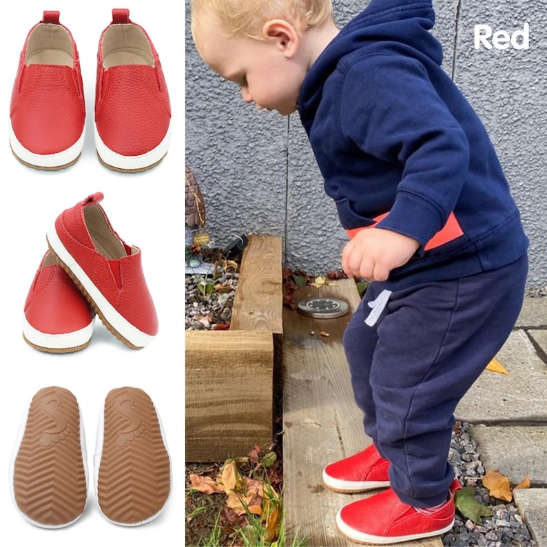 Dotty Fish Leather Infant Casual Shoes. Slip-on Rubber Sole Trainers. Baby Boys Girls First Walkers. Non-slip Toddler Shoes. Red