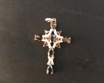Exquisite, Stunning Jeweled Cross. Beautiful Christian Pendant. Said to Change Color. Christianity. Chocolate Stones. Amethyst. Sapphire.
