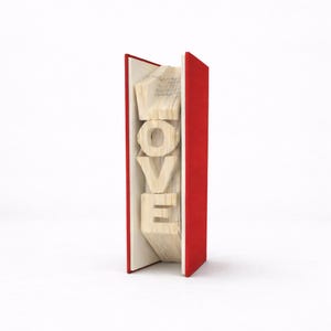 May include: A red book with the word "LOVE" carved into the pages. The letters are made of light-colored wood, standing out against the white pages and red cover. The book is standing upright.