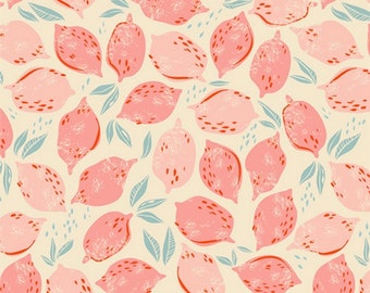 Pima Cotton Jersey Fabric with pink Lemons // Art Gallery Fabrics //  Fabric by the Metre