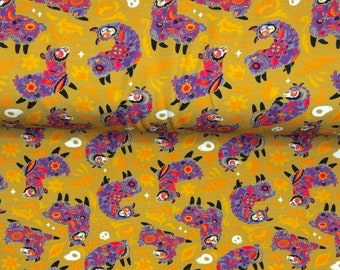 Jersey Fabric with Alpacas - mustard, purple, pink