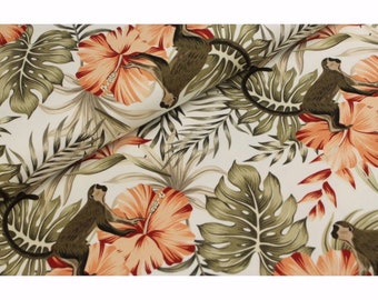 Jersey Fabric with Monkeys and tropical Flowers - white, green, salmon pink