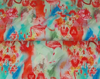 Jersey Fabric with Flamingos and Watercolor - Stenzo - pink, blue, teal