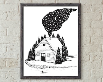 Cabin in the Woods Loon Art Print 11x14in