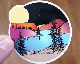 Full Moon Over the Mountains Sticker | Illustrated Mountain Moon Vinyl Decal | Waterproof Nature Sticker | Night Sky Adventure Art