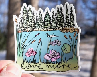 Love More Loon Sticker – Waterproof Nature Vinyl Sticker for Water Bottles, Laptops, Journals – Hand Lettered Whimsical Wildlife Art