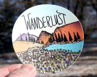 Mountains & Wanderlust Vinyl Sticker – Hand Drawn Adventure Nature Sticker | Weatherproof Hiking Decal for Water Bottles, Laptops, Journals