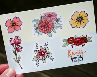 Flowers & Roses Sticker Sheet, Sticker Set, Includes 6 small flower stickers.